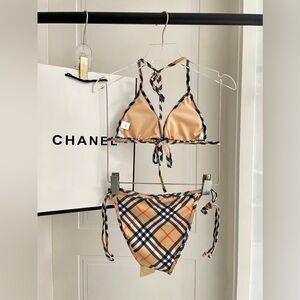 CHANEL Tan and Black Plaid Bikini Set